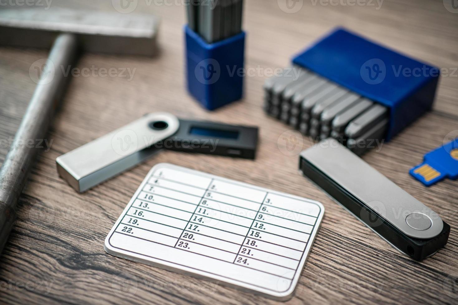 Hardware cryptocurrency wallet with metal  plates. Safe storage for crypto. photo