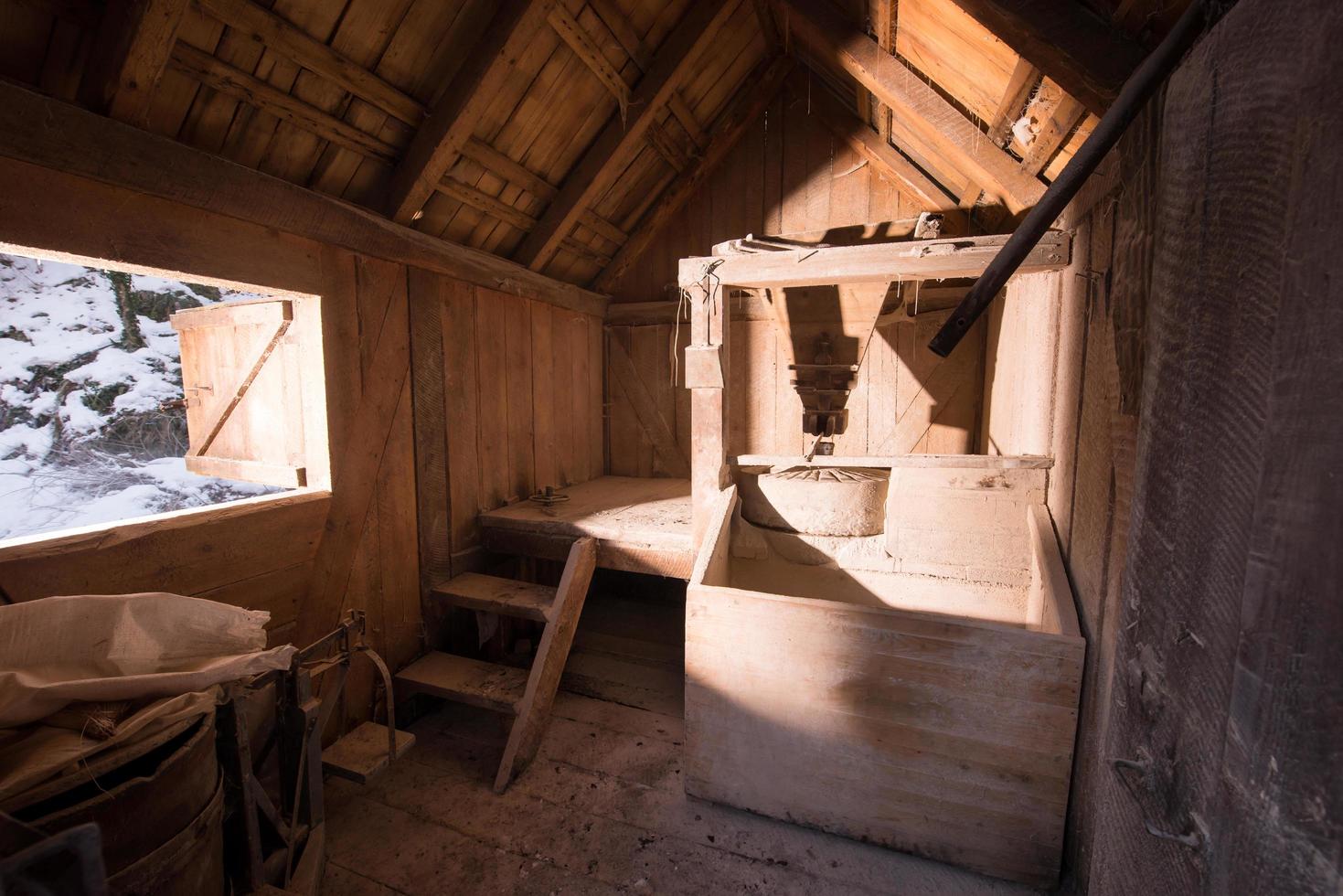 interior of retro wooden watermill photo