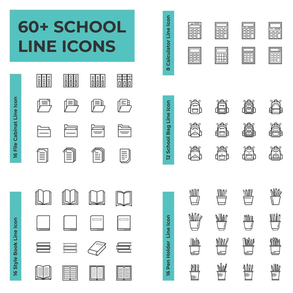 60 plus school material icon pack bag pen holder books calculator file cabinet line icon vector