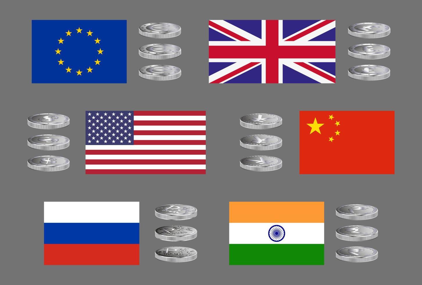 Set of vector icons of major world currencies with country flags in silver tones