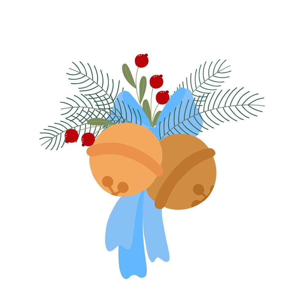 campana de navidad con ramas de abeto, planta, arco, cinta, ilustración vectorial simple en la decoración navideña de estilo plano de garabato, imagen dibujada a mano festiva de año nuevo para tarjeta, afiche, pancarta vector