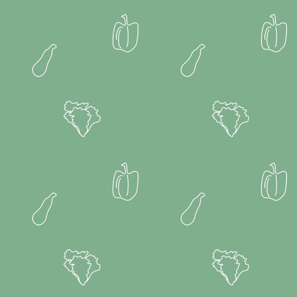 Seamless pattern with vegetables on a green background.Line art style. Vector art