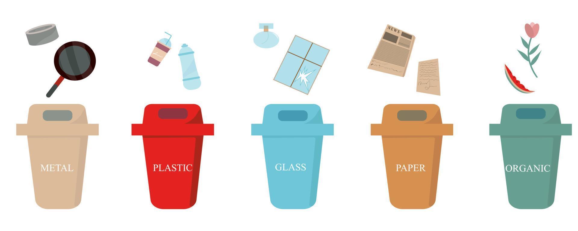 Sorted rubbish falls into trash cans on a white background. Waste recycling vector