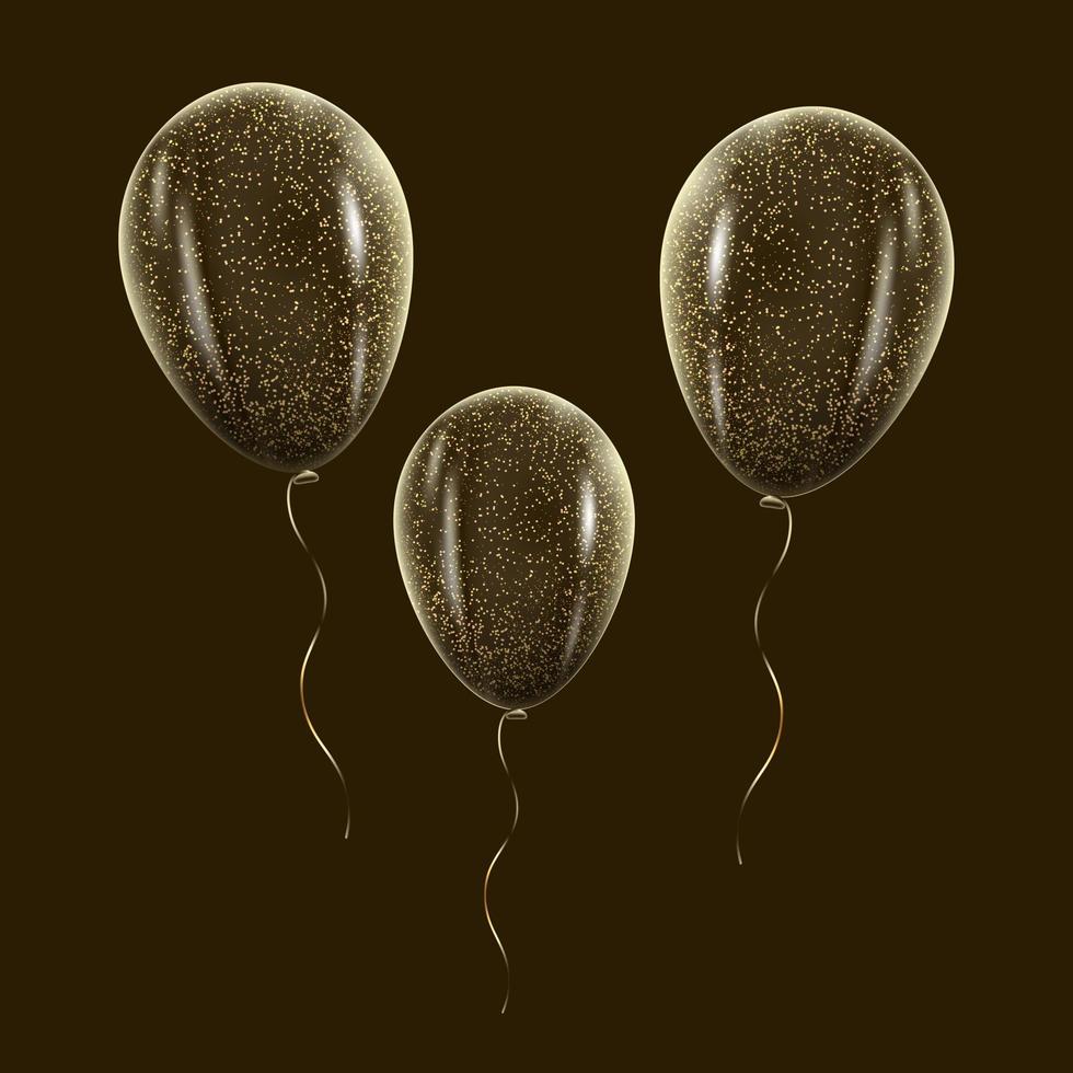 Realistic transparent, golden balloons and golden ribbons. Vector illustration for card, party, design, flyer, poster, decor, banner, web, advertisement.
