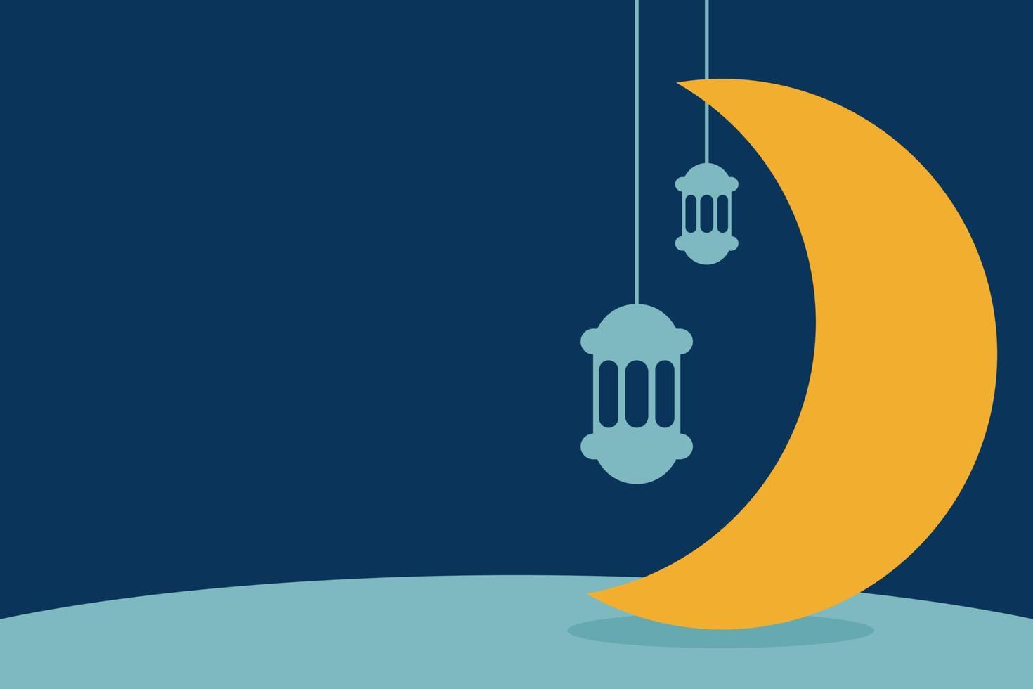 Ramadan Background Template with Silhouette of Crescent Moon, Lantern, and Copy Space Area vector