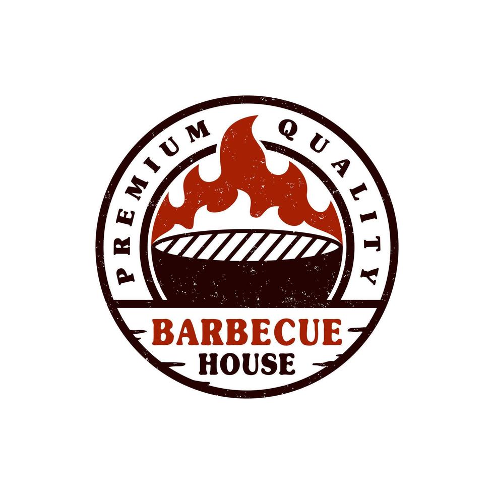 plantilla de sello de diseño de logotipo de filete de barbacoa barbacoa, vector de emblema de parrilla de carne tradicional retro vintage con textura grunge