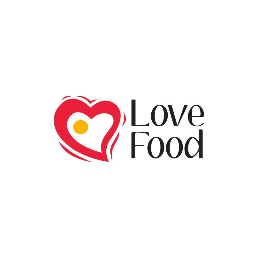 logo de love food para los amantes de los restaurantes, cafeterías y comidas con una combinación de huevo frito y corazón vector