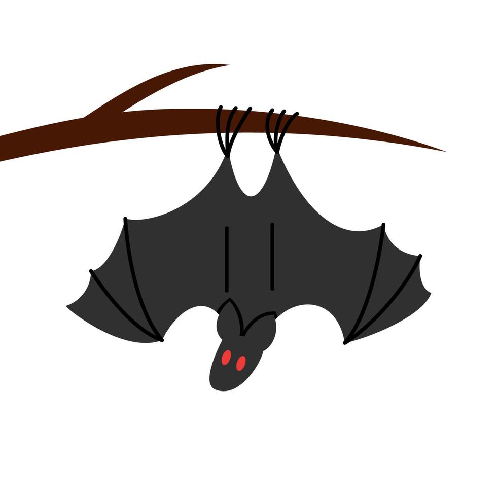Bat hanging upside down on a branch. Gray creature isolated on white background. Halloween tradition symbol. Good for card, poster, banner, sticker, logo. Vector illustration
