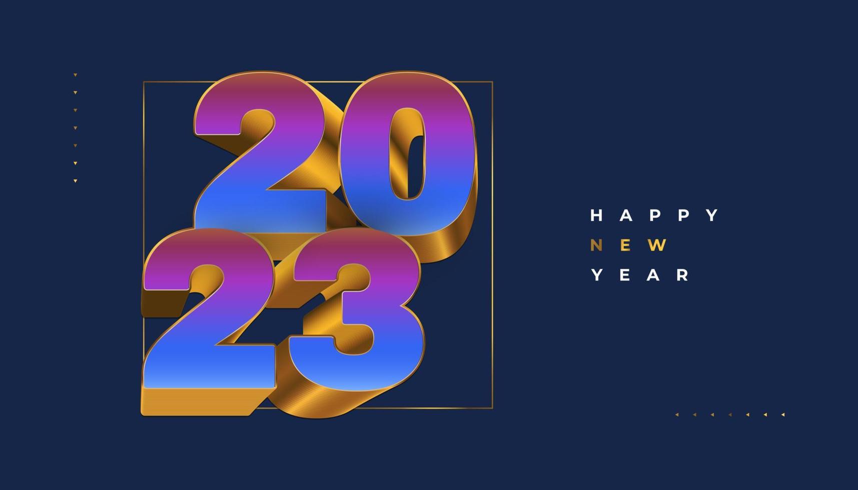 feliz año nuevo 2023 con números 3d coloridos y dorados aislados en fondo azul. diseño de año nuevo para pancarta, afiche y tarjeta de felicitación vector