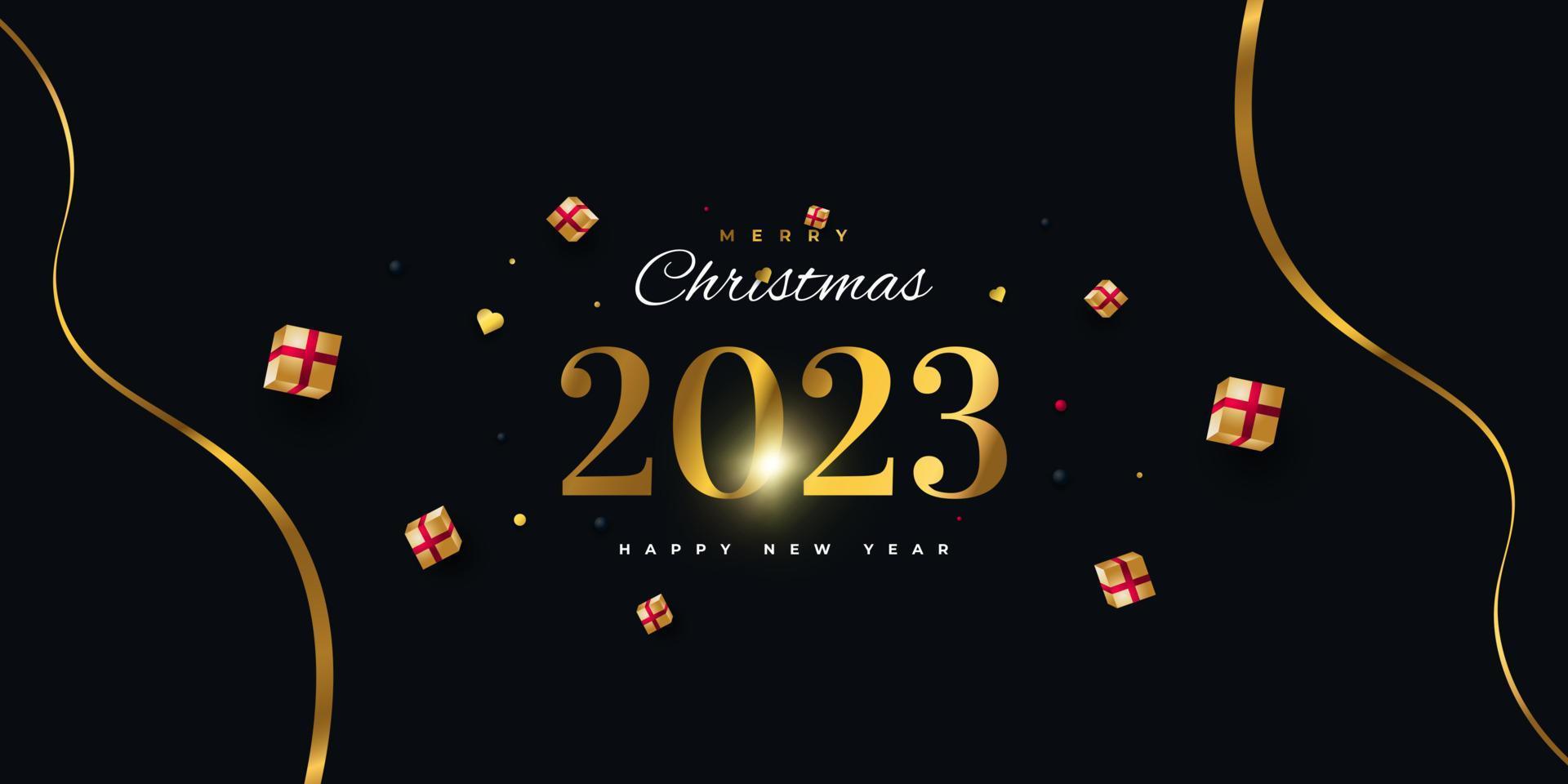 Happy New Year 2023 with Gold Numbers and Realistic Gift Box Isolated on Black Background. New Year Design for Banner, Poster and Greeting Card vector