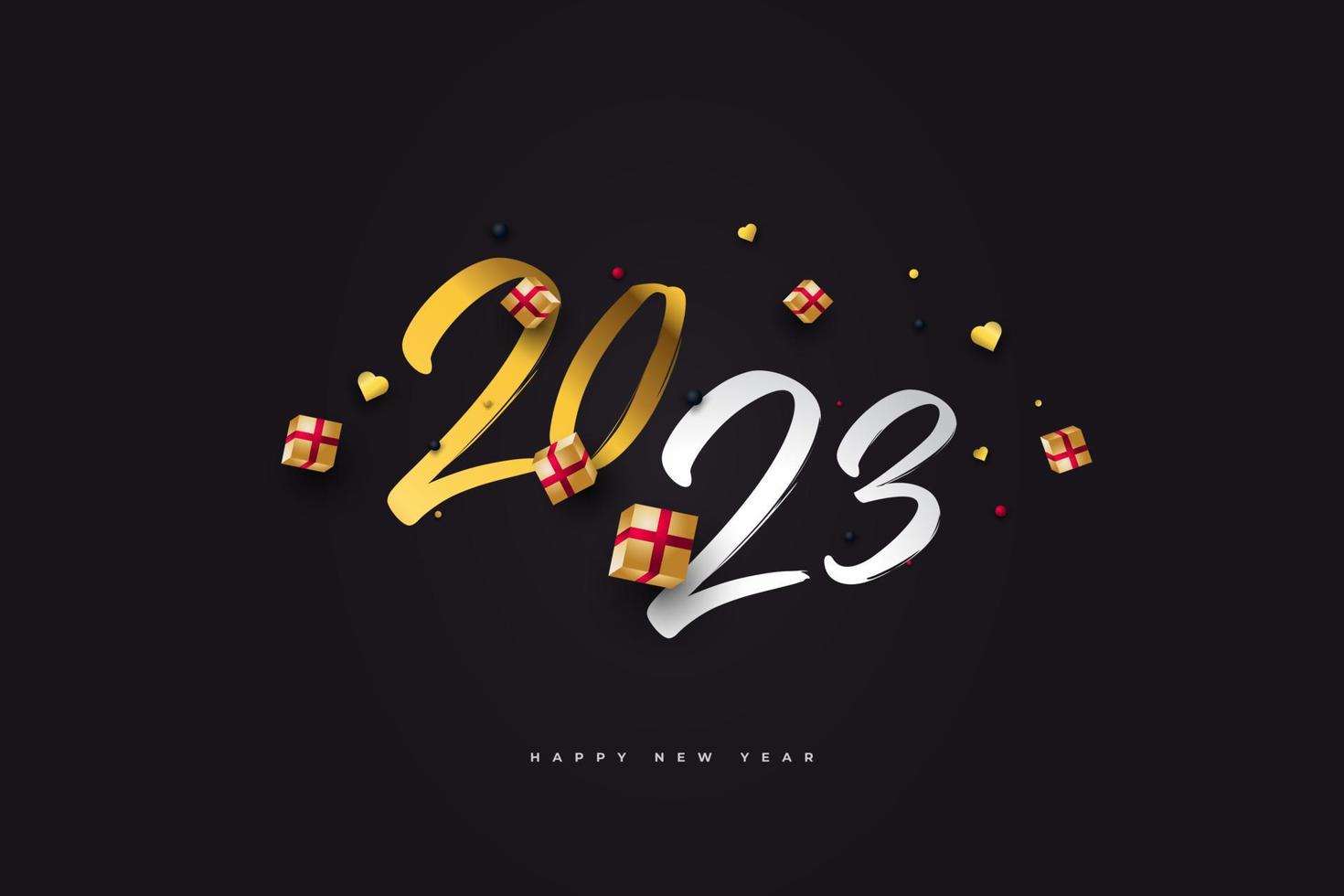 Happy New Year 2023 with Gold Numbers and Realistic Gift Box Isolated on Black Background. New Year Design for Banner, Poster and Greeting Card vector