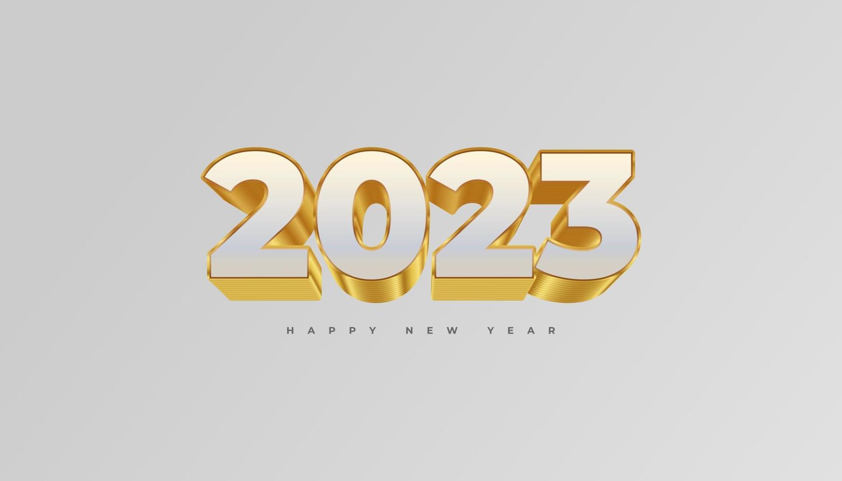 feliz año nuevo 2023 con números 3d blancos y dorados aislados en fondo blanco. diseño de año nuevo para pancarta, afiche y tarjeta de felicitación vector