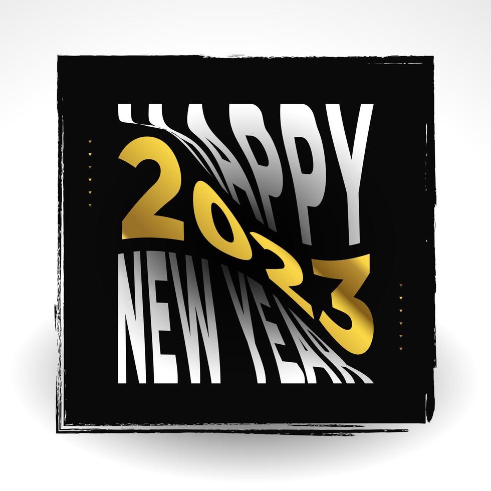 cartel de feliz año nuevo 2023. tipografía de año nuevo 2023 con estilo de papel en concepto blanco y dorado. utilizable para celebración, pancarta, afiche, tarjeta, portada y plantilla de publicación en redes sociales vector