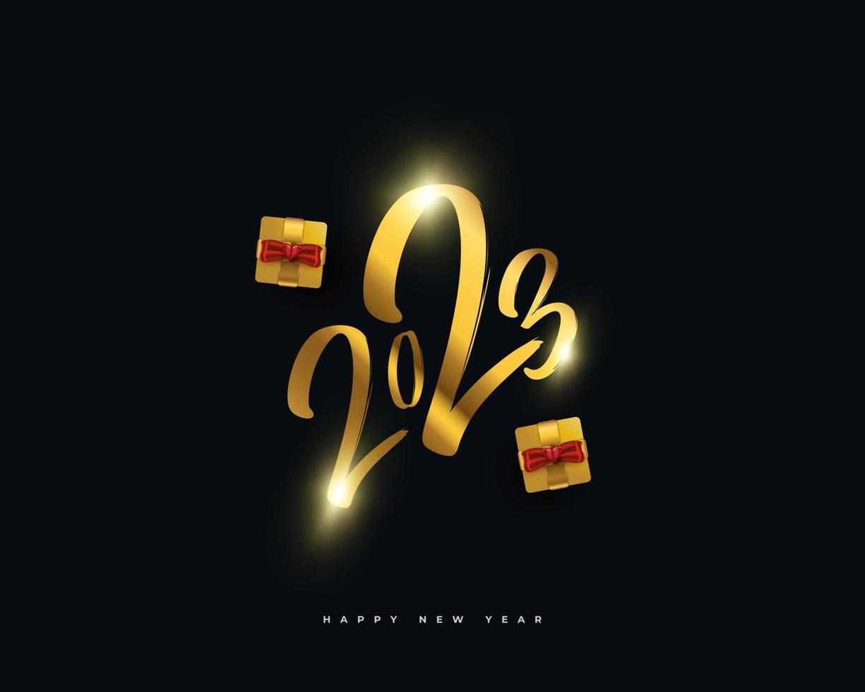 Happy New Year 2023 with Gold Numbers and Realistic Gift Box Isolated on Black Background. New Year Design for Banner, Poster and Greeting Card vector