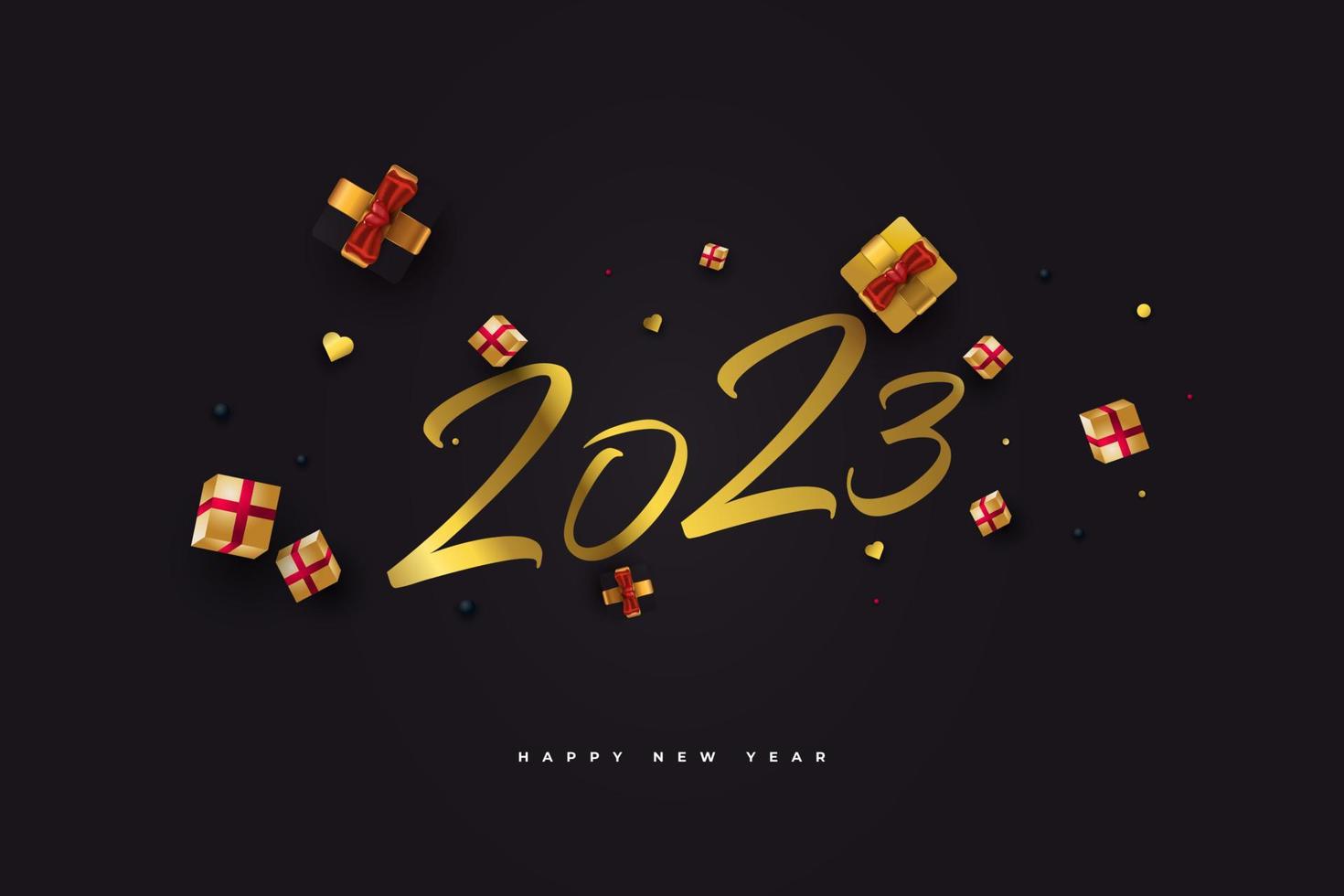 Happy New Year 2023 with Gold Numbers and Realistic Gift Box Isolated on Black Background. New Year Design for Banner, Poster and Greeting Card vector