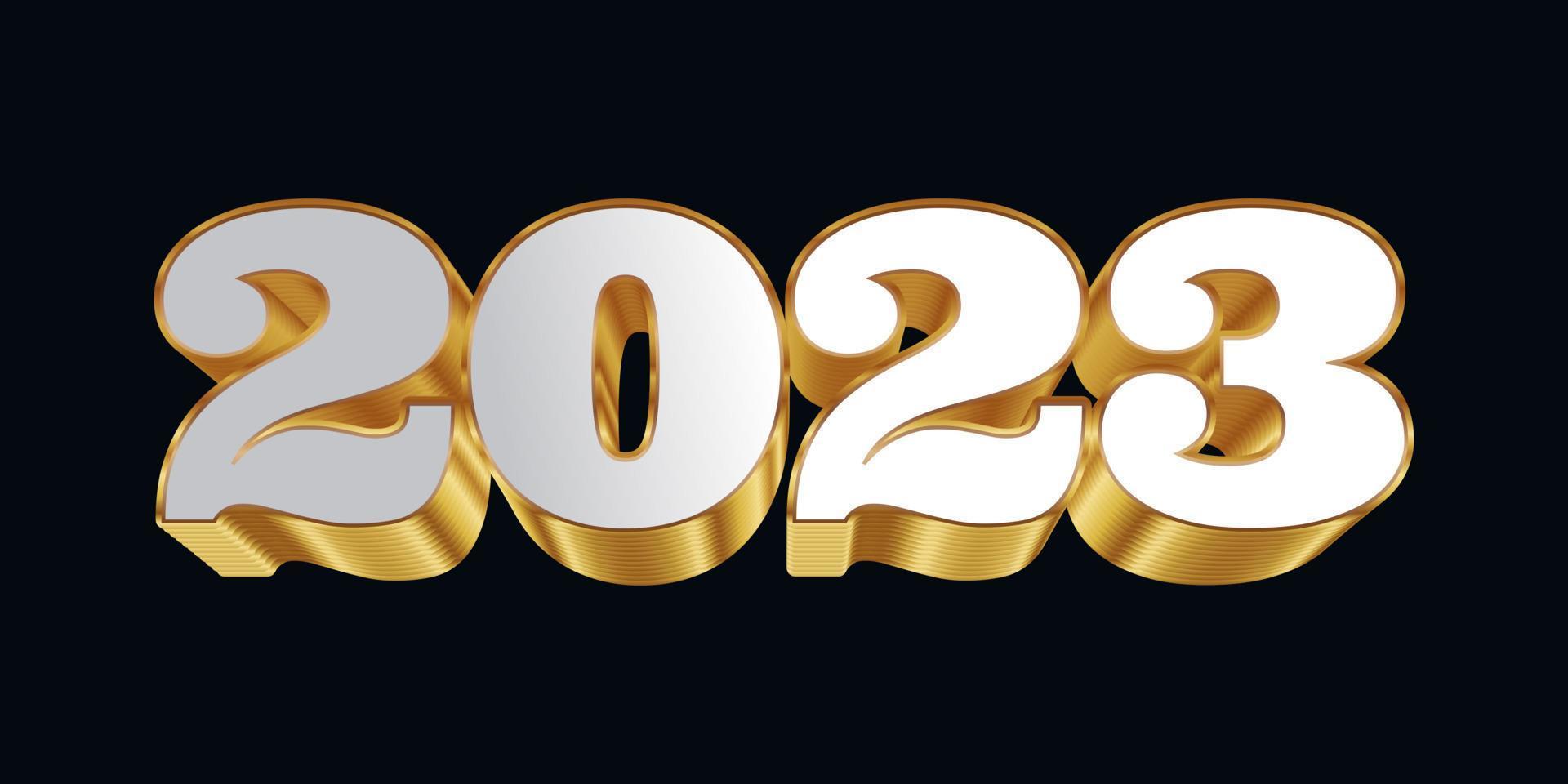 feliz año nuevo 2023 con números 3d blancos y dorados aislados en fondo negro. diseño de año nuevo para pancarta, afiche y tarjeta de felicitación vector