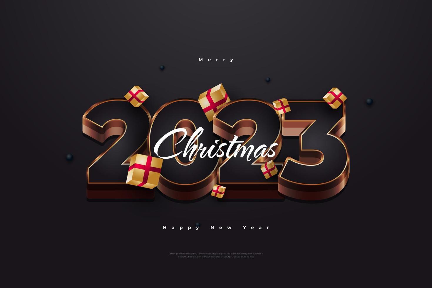 Happy New Year 2023 with Black and Gold 3D Numbers and Gift Box Isolated on Black Background. New Year Design for Banner, Poster and Greeting Card vector