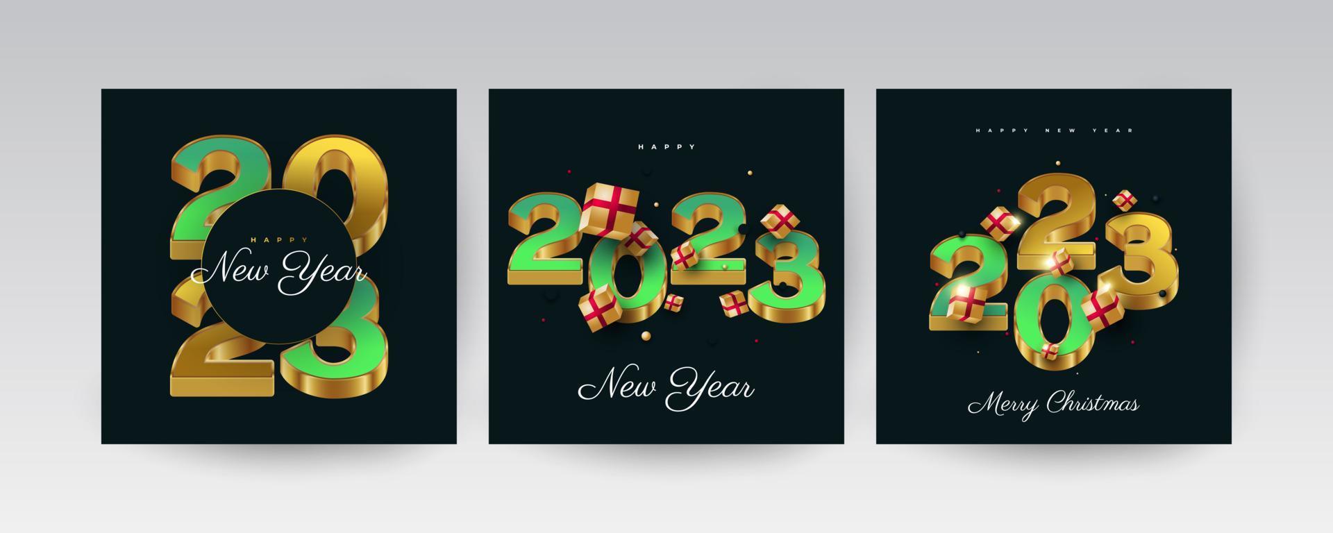 juego de carteles de feliz año nuevo 2023. plantilla de diseño de año nuevo con números 3d y caja de regalo para decoración, marca, pancarta, afiche, portada y tarjeta vector