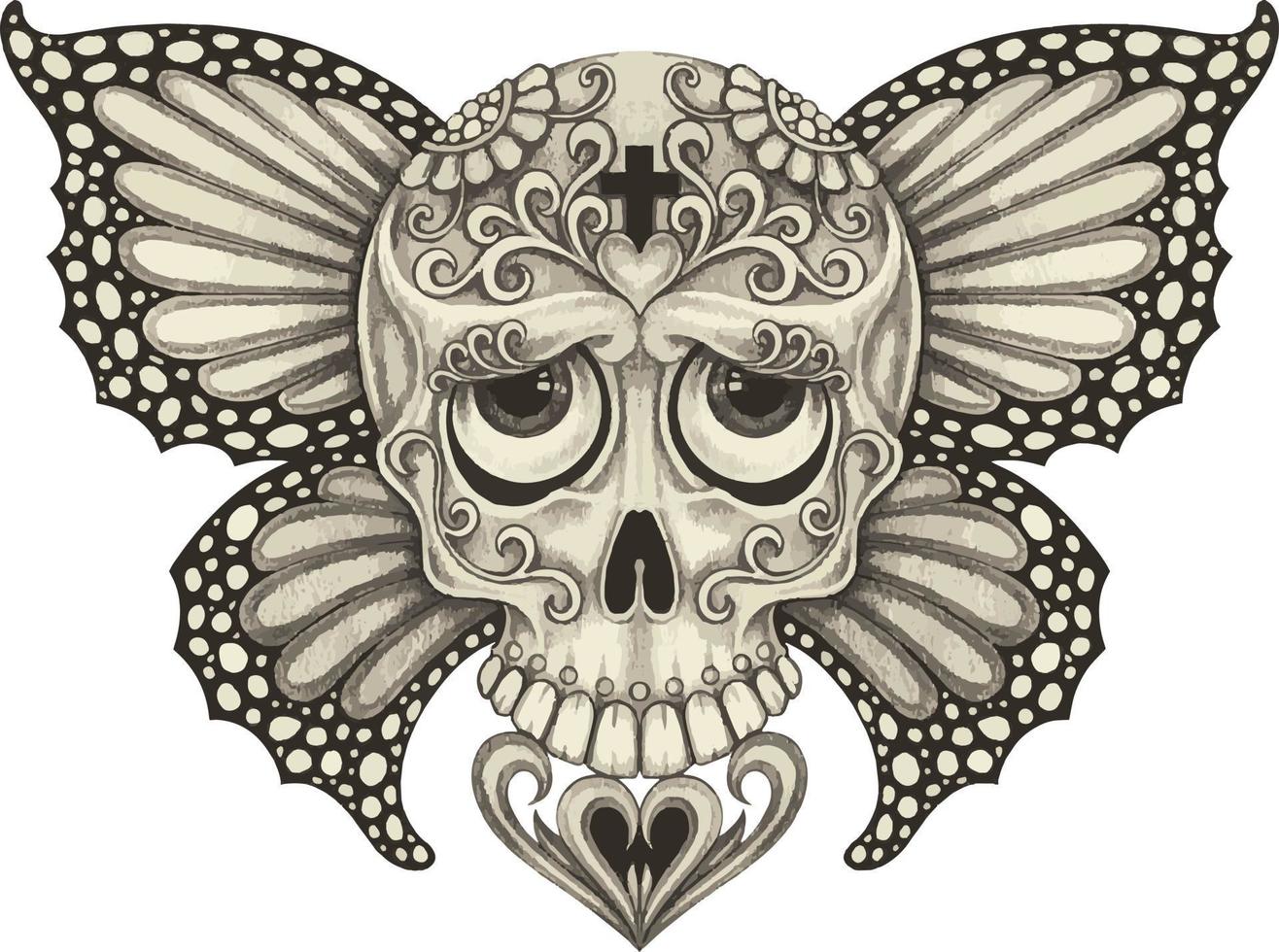 Art fantasy butterfly skull. Hand drawing and make graphic vector. vector