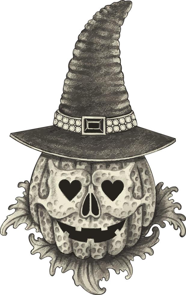 Art fancy pumpkin witch skull halloween day. Hand drawing and make graphic vector. vector