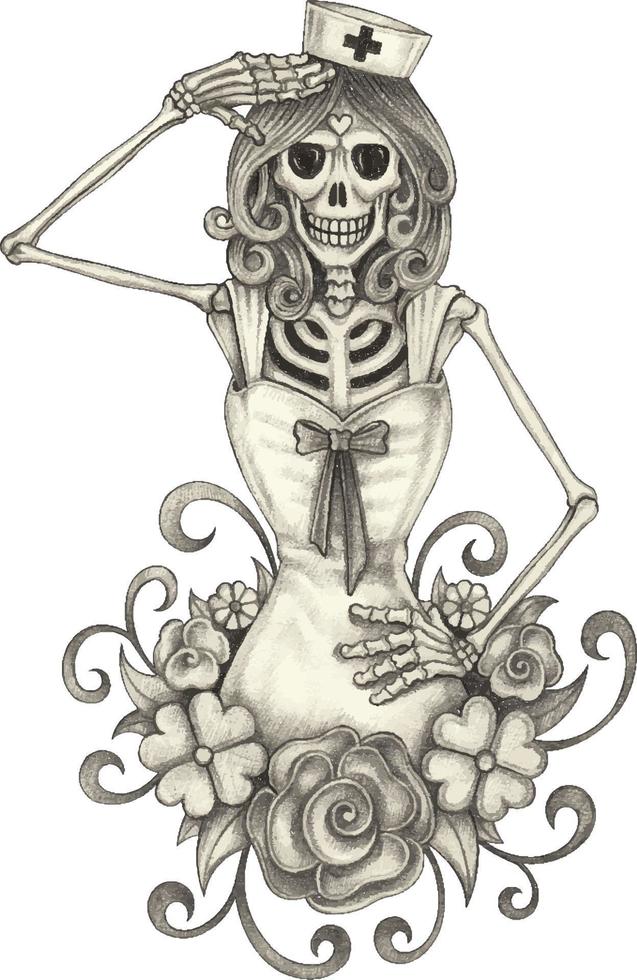 Art fancy nurse skull. Hand drawing and make graphic vector. vector