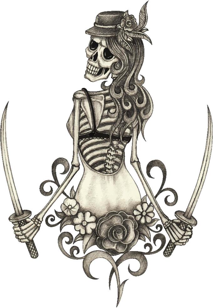 Art fantasy woman warrior skull. Hand drawing and make graphic vector. vector