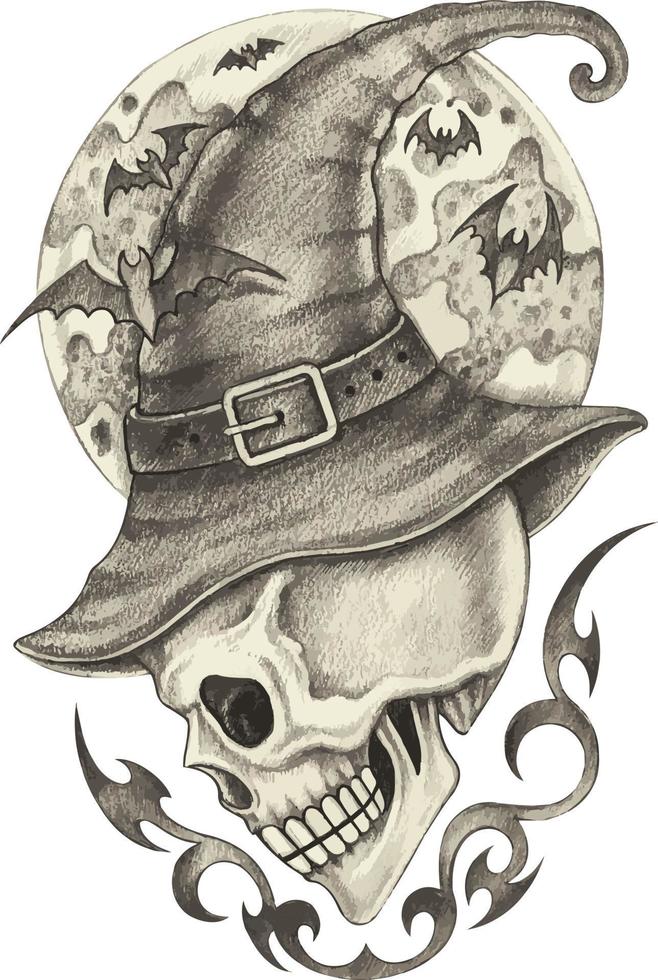 Art fantasy witch skull halloween day. Hand drawing and make graphic vector. vector