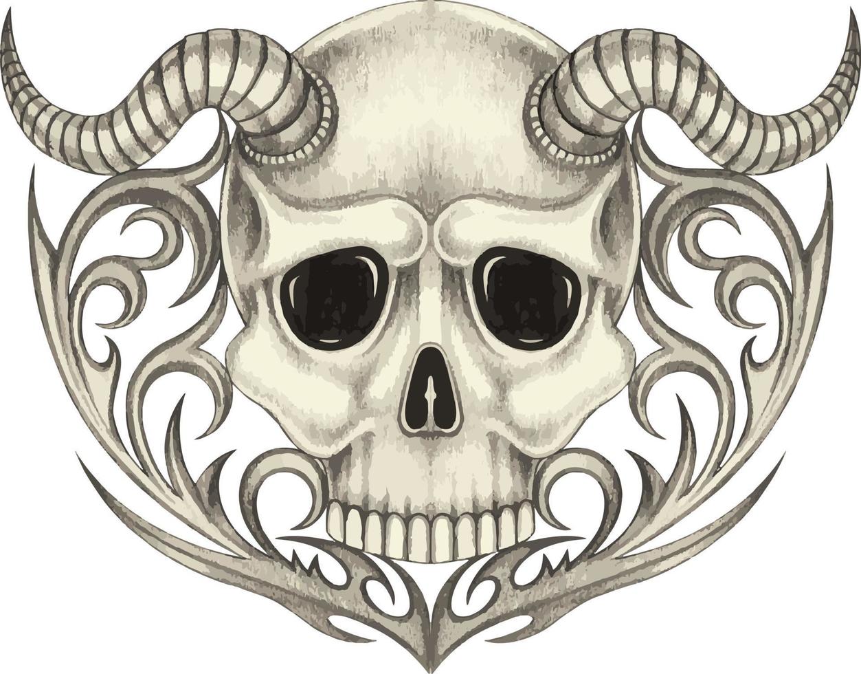 Art surreal devil skull tattoo. Hand drawing and make graphic vector. vector