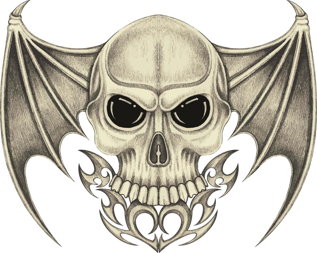Tatuaje de calavera de diablo con alas de arte. dibujo a mano y hacer vector gráfico.