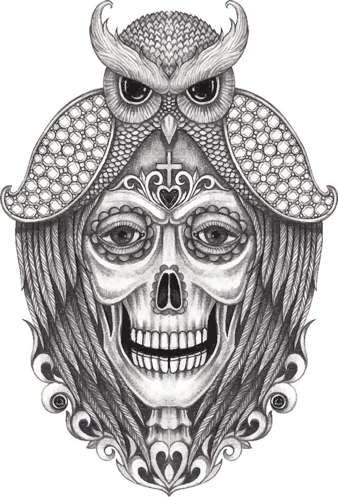 Art fantasy owl mix skull day of the dead. Hand drawing and make graphic vector. vector