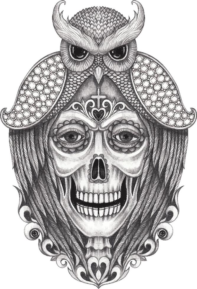 arte fantasia buho mezcla calavera dia de muertos. dibujo a mano y hacer vector gráfico.