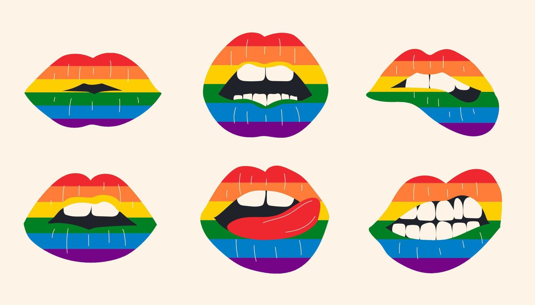 Set Lgbt pride sign in vector format. Rainbow lips. Kiss illustration.