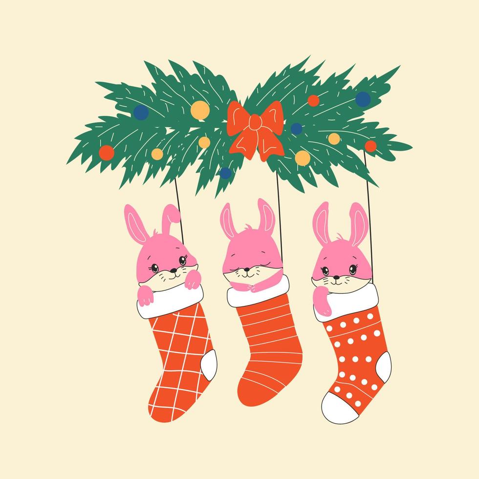 Draw character cute rabbits sleep in Christmas sock for Christmas day and new year.Draw doodle cartoon style.  All elements are isolated vector