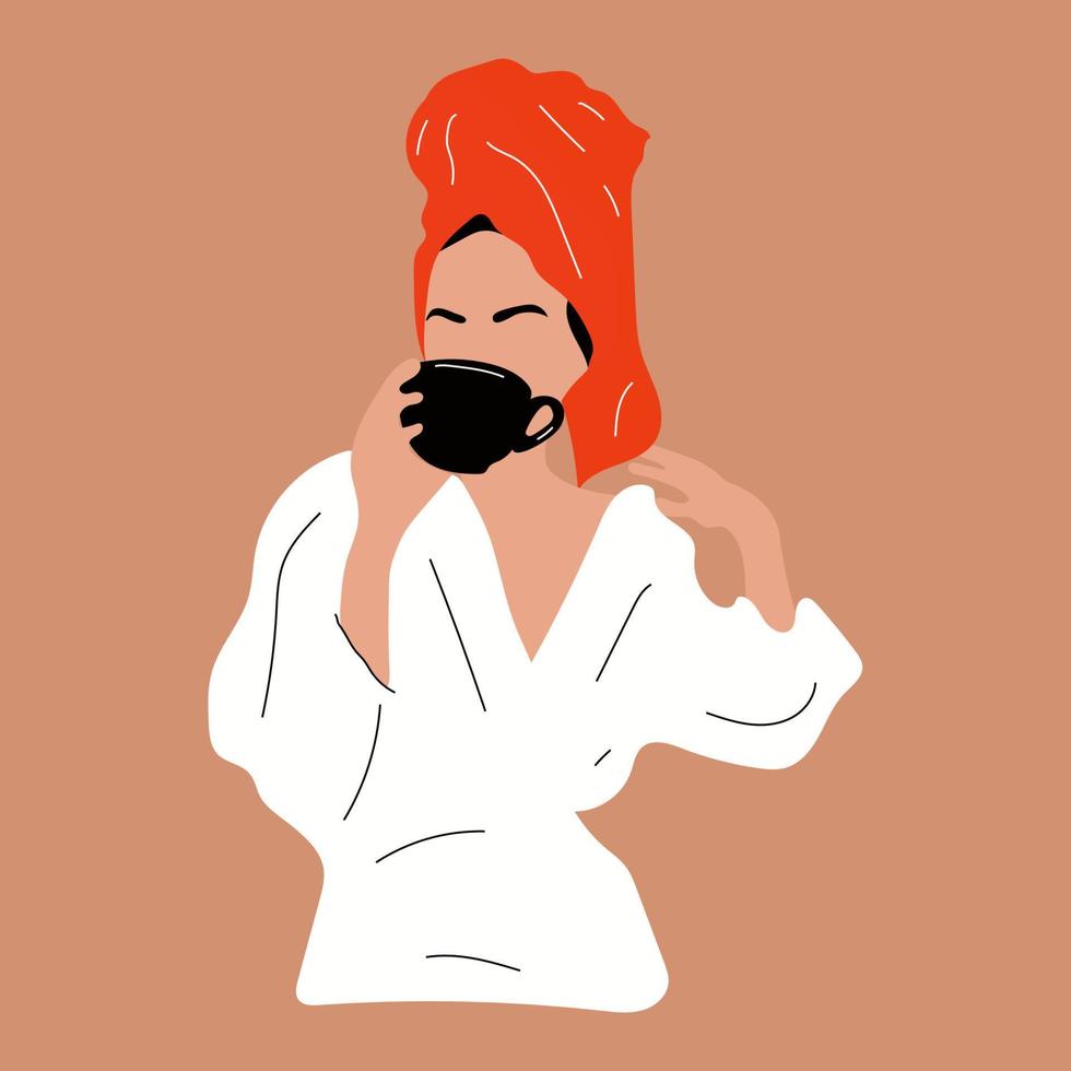 Beautiful  woman in bathrobe and turban drinks coffee.  Lady having beauty day on weekend. Spa, relaxation concept. Hand drawn Vector illustration. Cartoon style