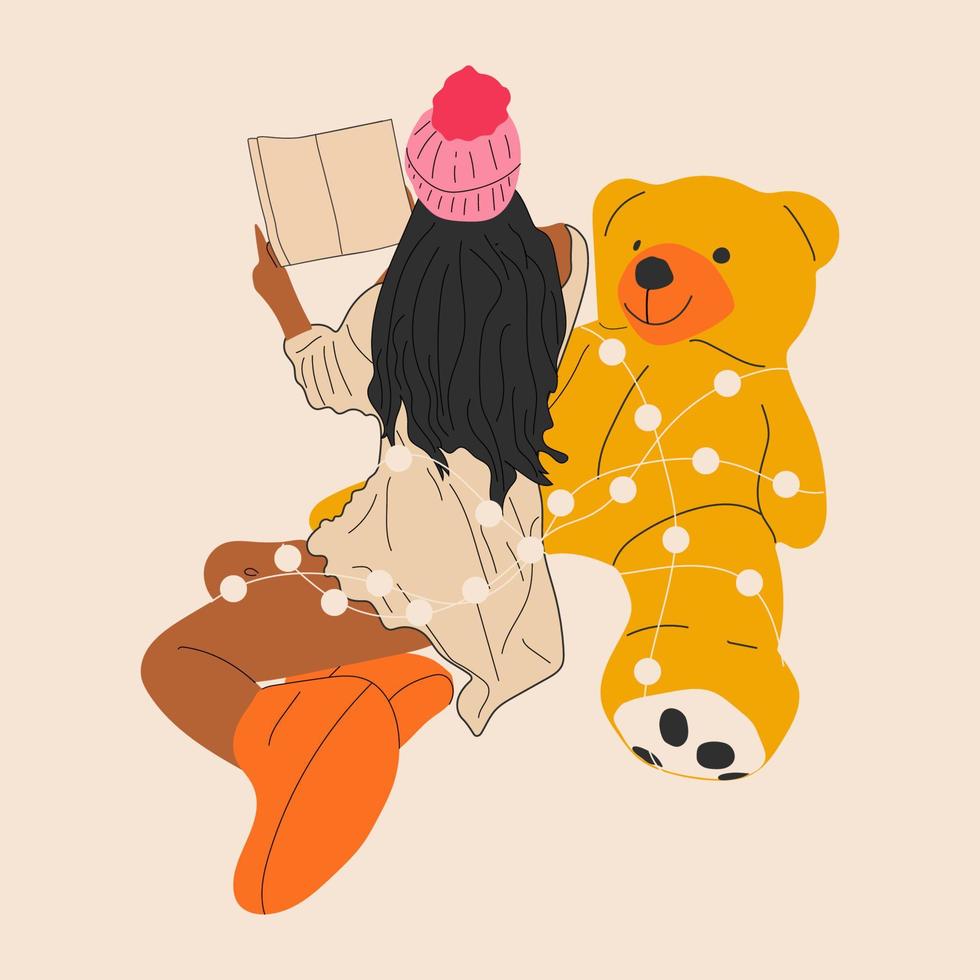 la niña se sienta con un oso de peluche envuelto en una guirnalda con libros. vector en estilo de dibujos animados. todos los elementos están aislados