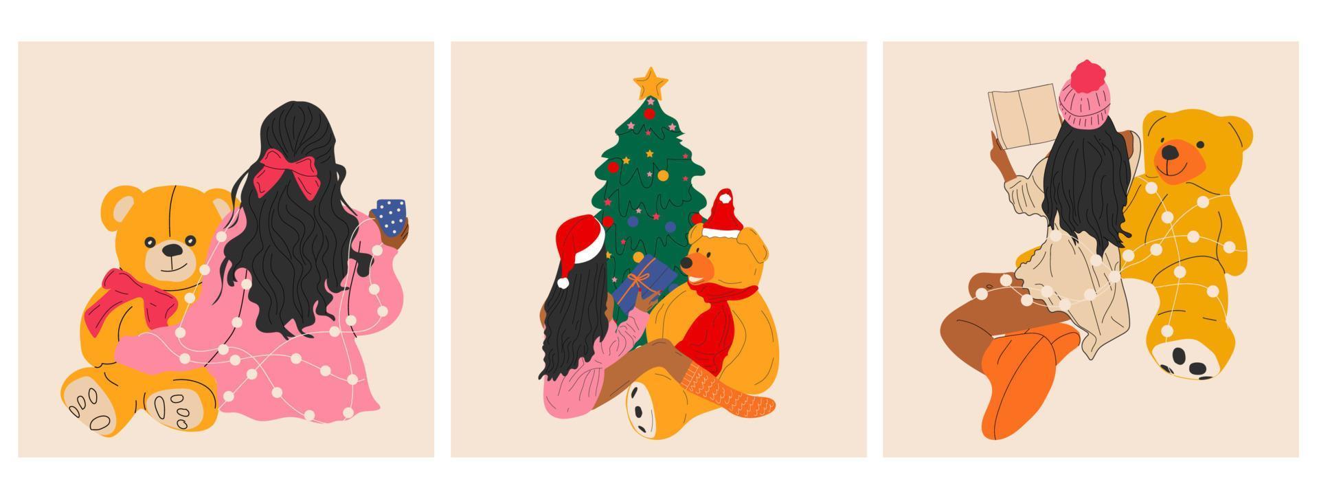 conjunto de tres chicas que se sientan con un oso de peluche envuelto en una guirnalda cerca del árbol de navidad. vector en estilo de dibujos animados. todos los elementos están aislados