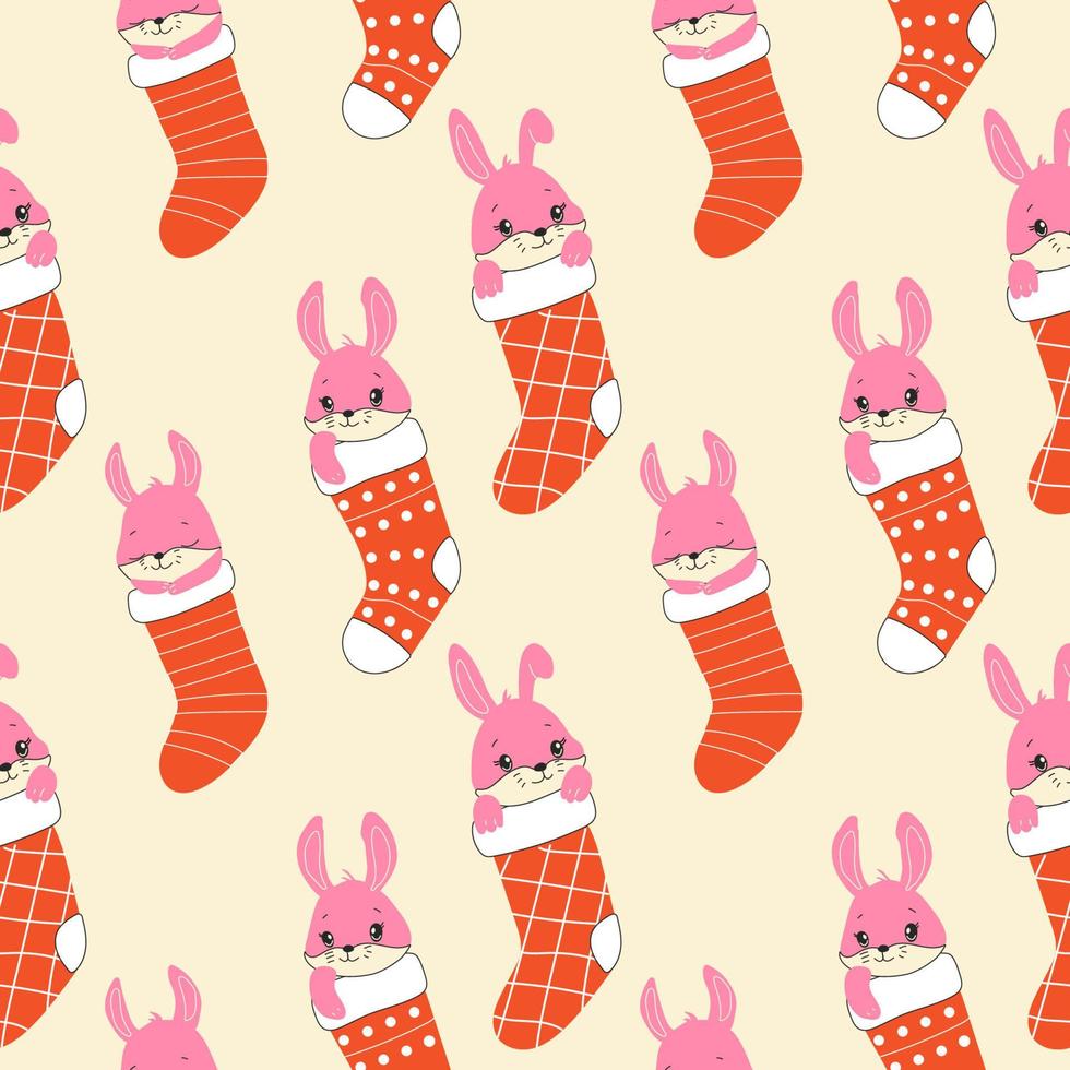 Seamless pattern with  Draw character cute rabbits sleep in Christmas sock for Christmas day and new year.Draw doodle cartoon style. vector