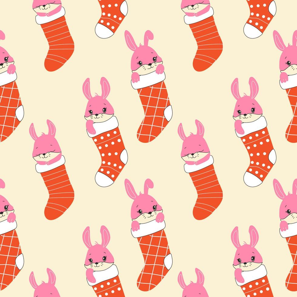 Seamless pattern with  Draw character cute rabbits sleep in Christmas sock for Christmas day and new year.Draw doodle cartoon style. vector