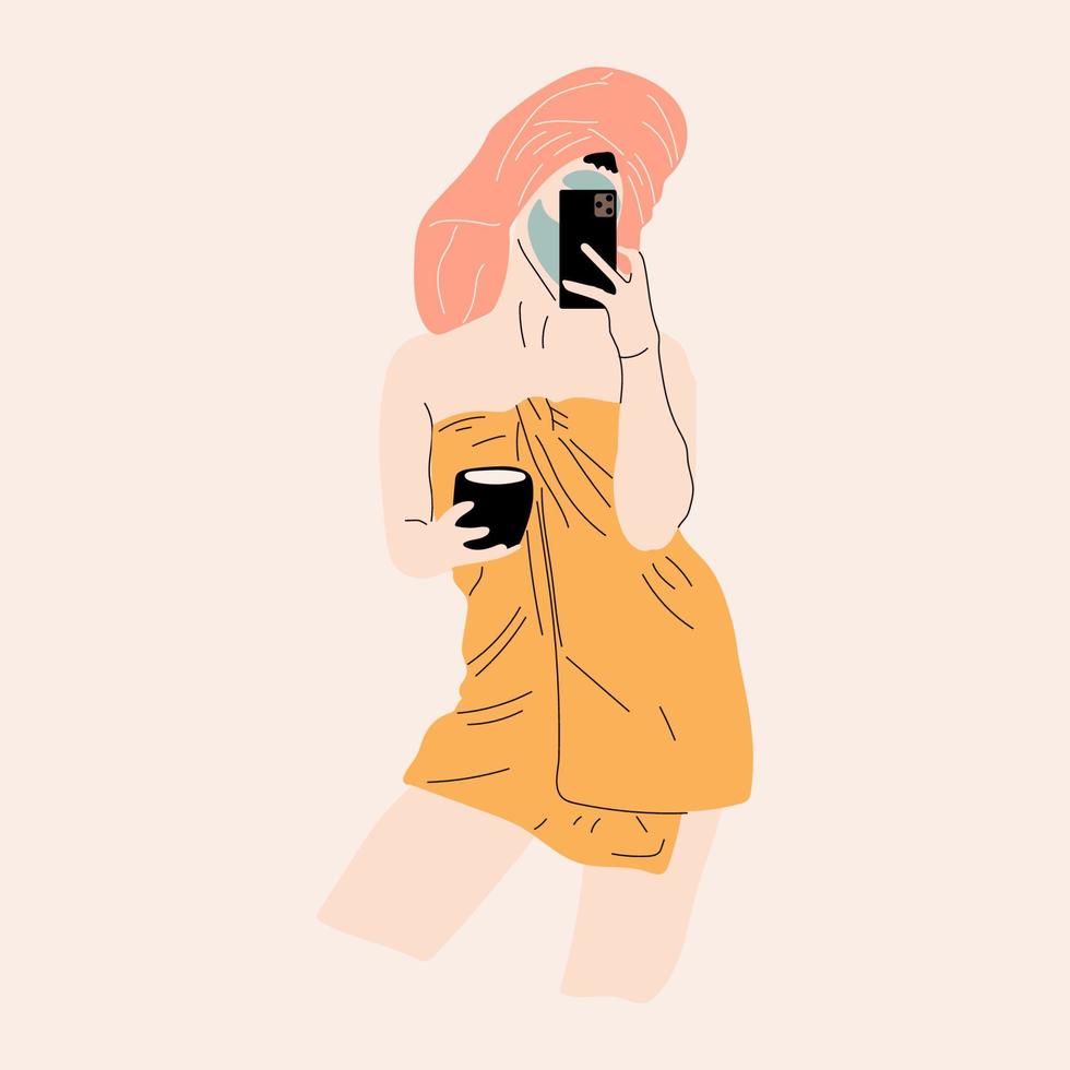 Beautiful young taking a selfie lady with towel turban. Face care concept.  Cleansing, moisturizing, treating. Hand drawn vector illustration. Cartoon  style. Flat design 12506159 Vector Art at Vecteezy