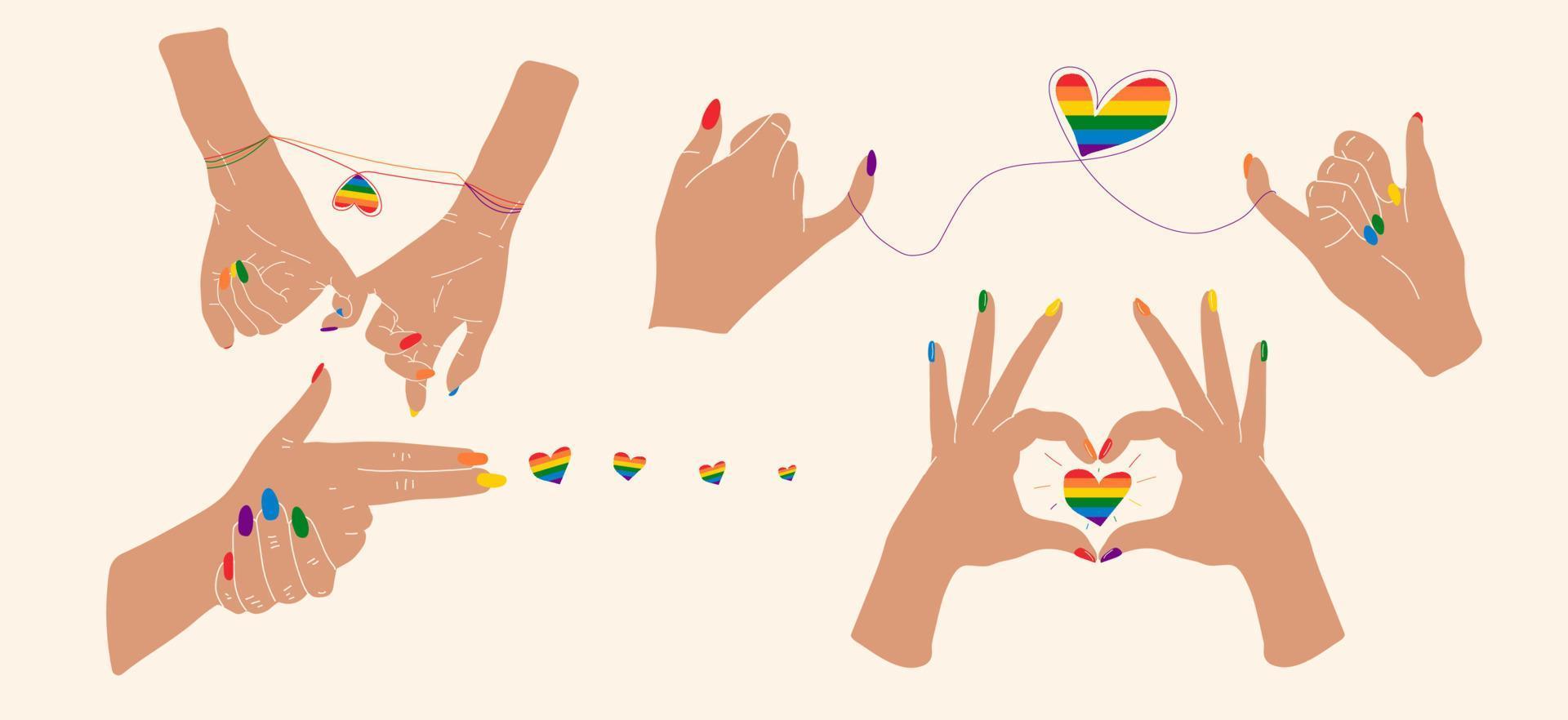 conjunto que son manos que muestran el corazón lgbt. vector en estilo de dibujos animados. todos los elementos están aislados