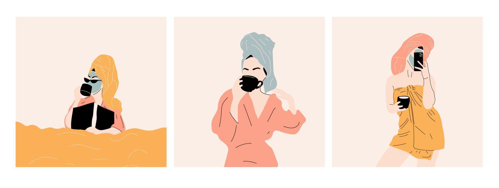 conjunto de tres chicas que son hermosas mujeres en albornoz y turbante bebe café. dama que tiene un día de belleza el fin de semana. spa, concepto de relajación. ilustración vectorial dibujada a mano. estilo de dibujos animados vector