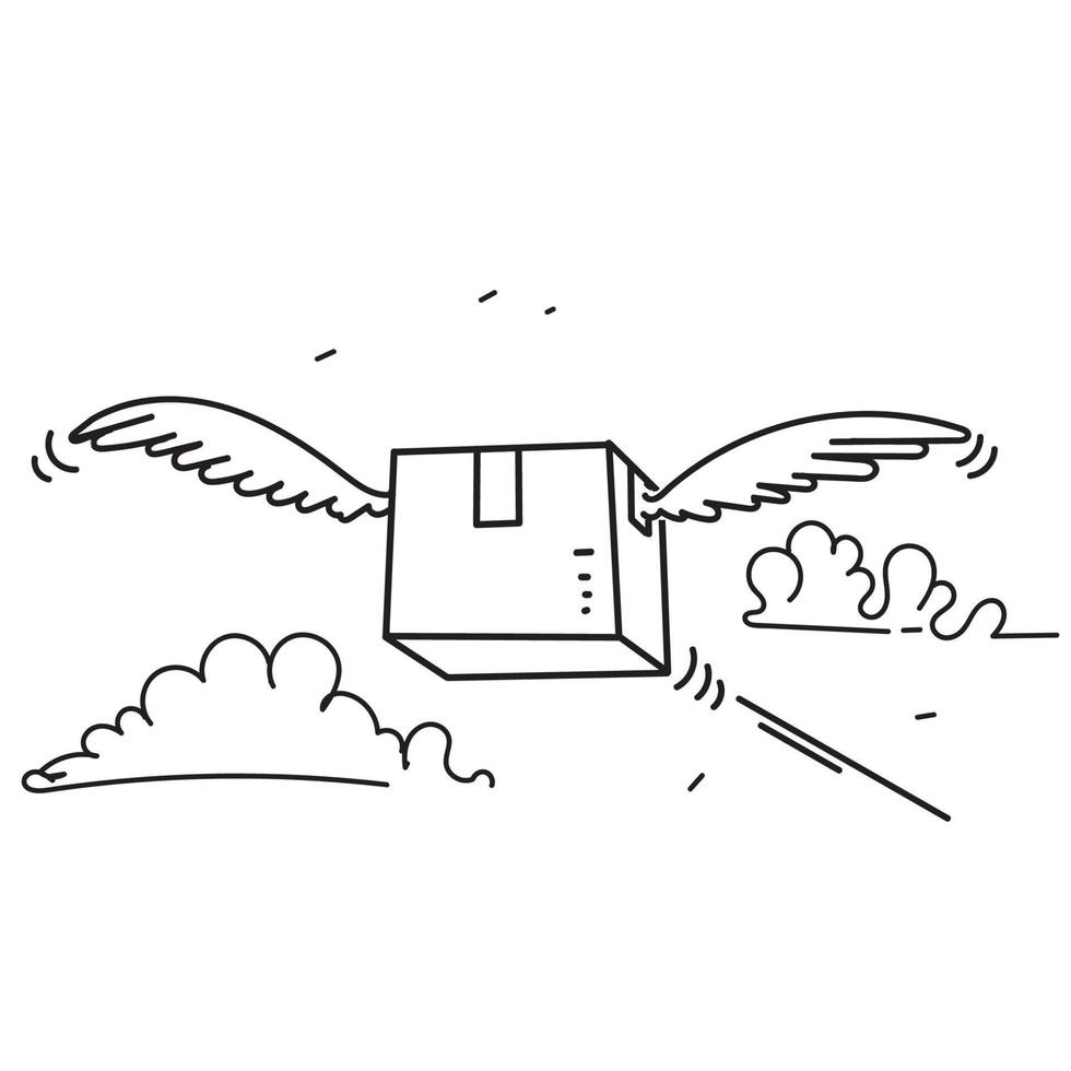 hand drawn doodle package box with wing flying illustration vector