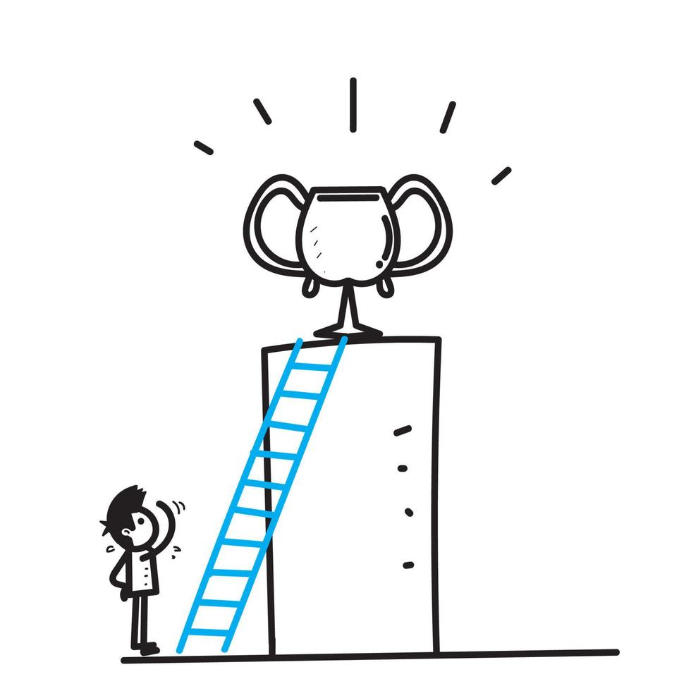 hand drawn doodle stick figure with ladder of success achieving goal illustration vector
