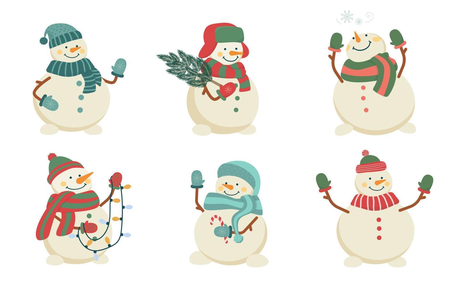 Set of cute Christmas snowmen in hats and scarves. Collection of funny characters. Isolated flat vector illustration.