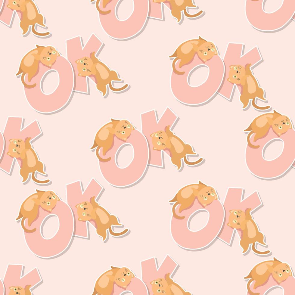 adorable cat alphabet OK word cartoon sticker seamless pattern vector