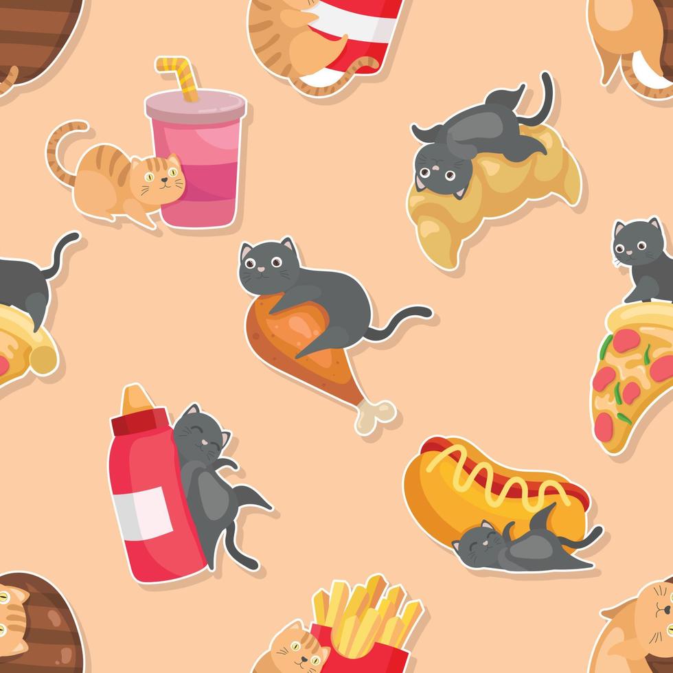 kitten and food cartoon seamless pattern vector