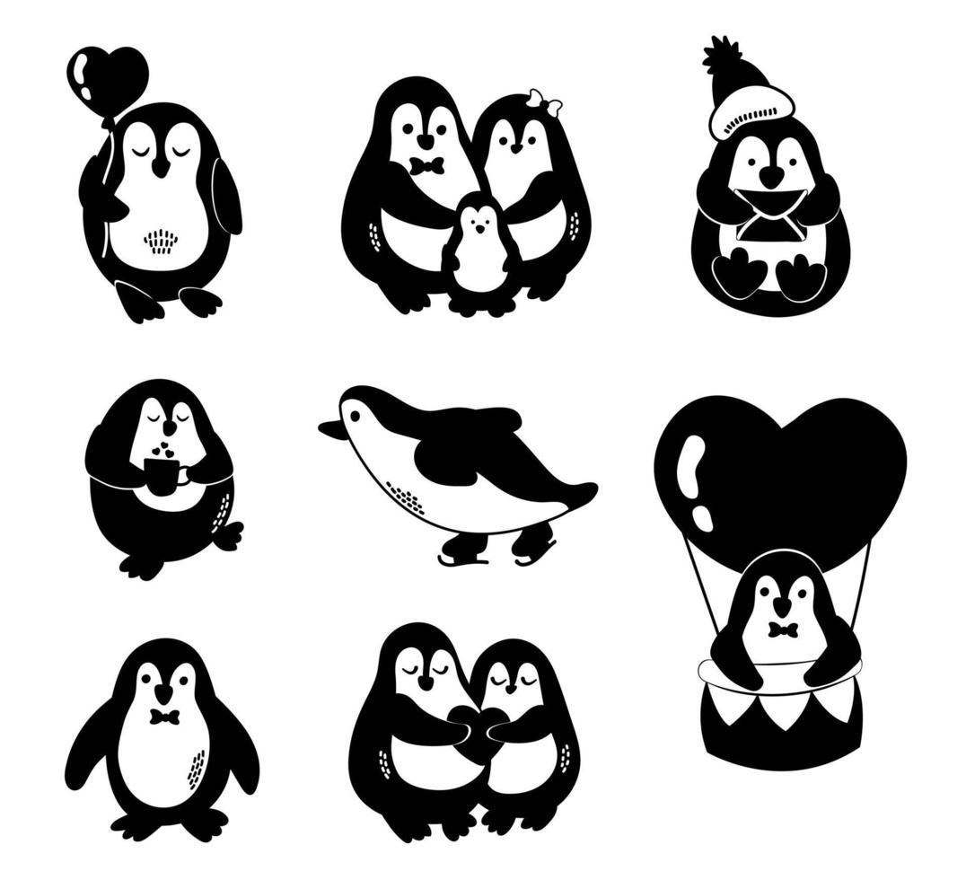Set of penguins. Black and white. White background, isolate. Vector illustration.