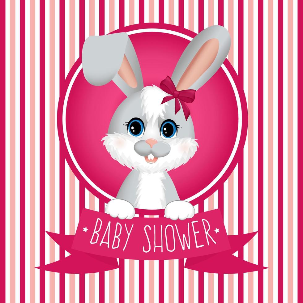 Baby shower with pink and white strips and little rabbit or hare. vector