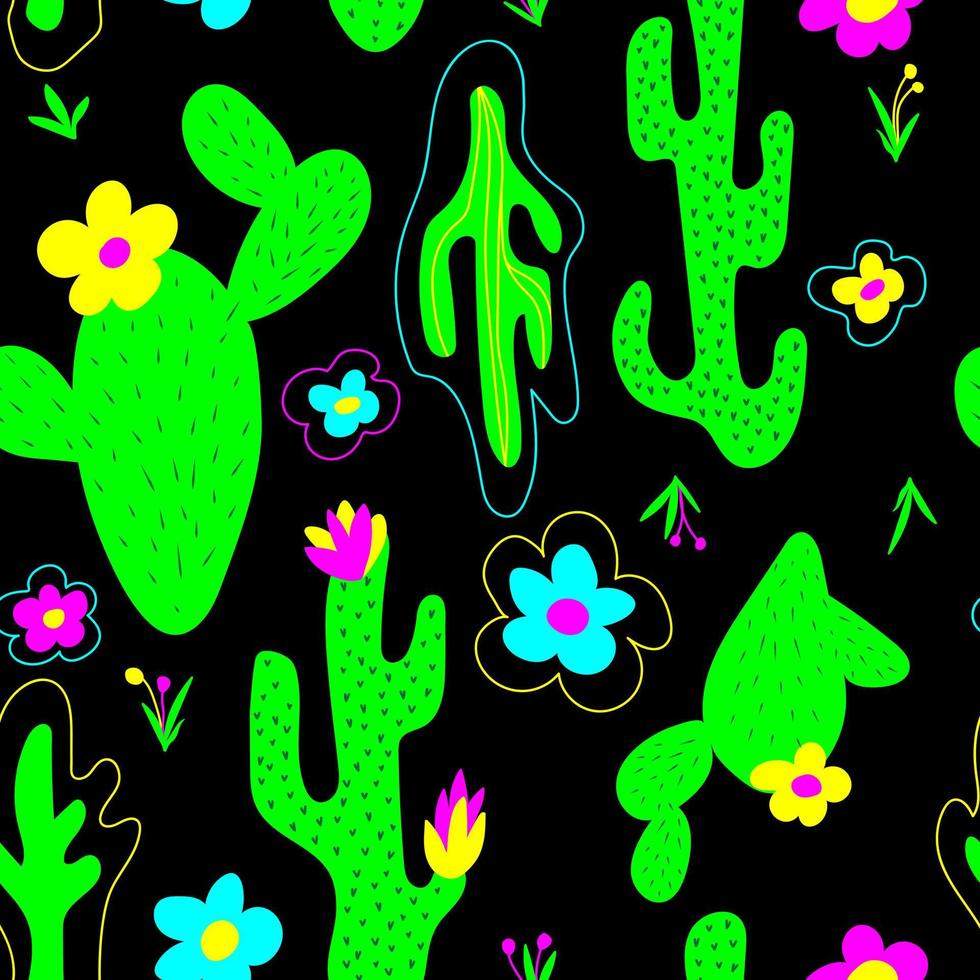 Seamless pattern with cactus, flowers, grass. vector