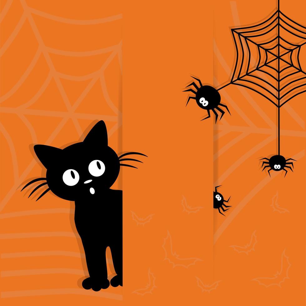 Happy Halloween postcard. Cute black kitten afraid of a spider. Cartoon style and paper cut style. vector